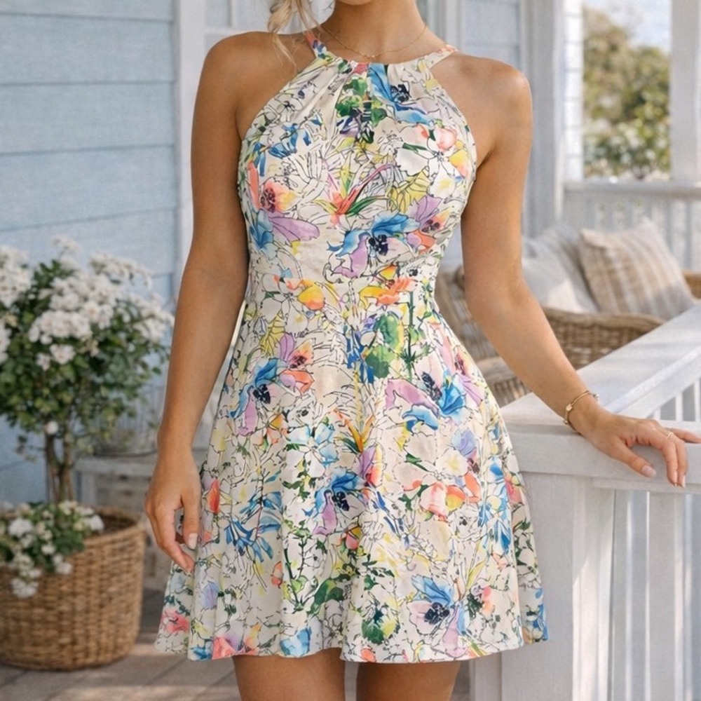 Express Floral Halter Neck Mini Dress Womens 2 Multi-Color Fit Flare Backless Q1
